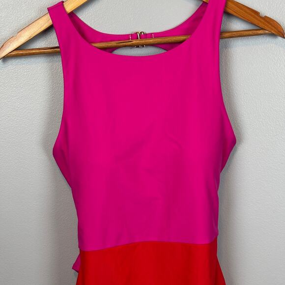 SummerSalt Color Block Lava Hibiscus Swimsuit Barbie High Neck Tie Pink Red 6 - Picture 4 of 8